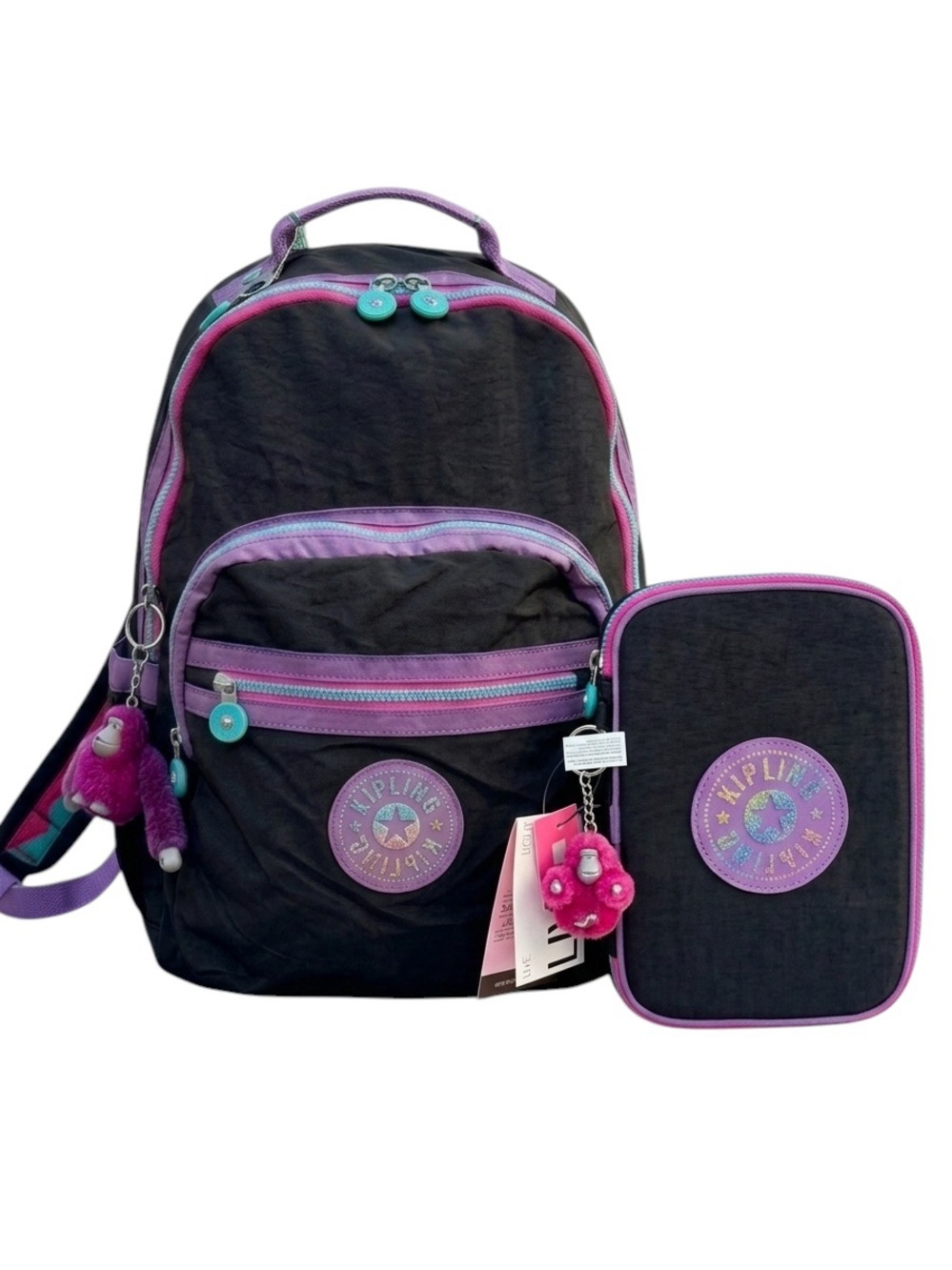 Kipling Seoul XL Backpack & 100 Pens Case Wavepop Jet Black with Purple Accents